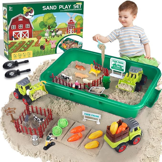 Aliex Farm Sensory Bin, Sensory Kits with Play Sand for Toddlers Ages 3-8 | 31pcs Farm toys with 2.2lbs moldable magic sand, animals trucks for creative play, sandbox with lid, birthday gift for boys