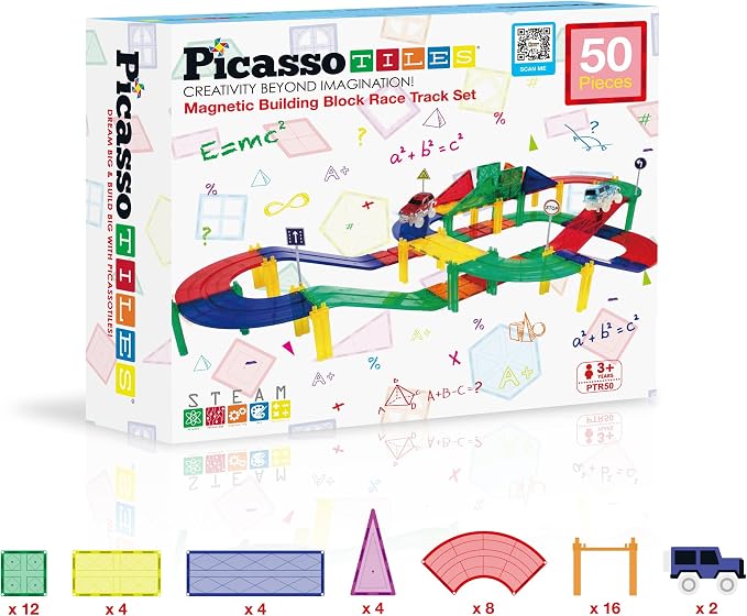 PicassoTiles 50 Piece Race Car Track, Magnetic Tiles STEM Set with LED Cars | 16 pillars, 4 ramps build multi-layer elevation, BPA-free non-toxic materials, sparks STEAM creativity, expands collection