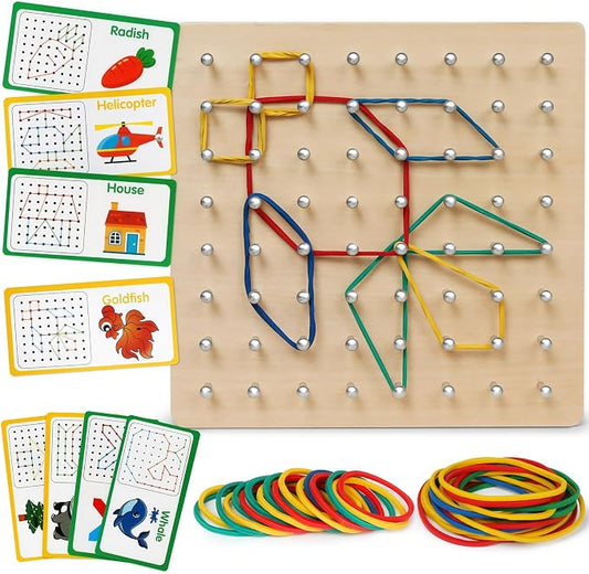 Wooden Geoboard, Montessori STEM Toy with Pattern Cards for Kids Ages 3+ | Pattern Cards & Rubber Bands, Geometric Shape Learning, Classroom STEM Tool, Brain Teaser Gift