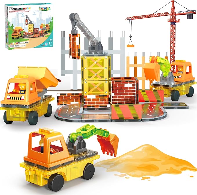 PicassoTiles Magnetic Tiles Construction Set, 5-in-1 Vehicle Toys Ages 3+ | 5 build configurations, 2 poseable action figures, 2 car bases, durable non-toxic pieces, hands-on STEM play