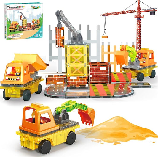 PicassoTiles Magnetic Tiles Construction Set, 5-in-1 Vehicle Toys Ages 3+ | 5 build configurations, 2 poseable action figures, 2 car bases, durable non-toxic pieces, hands-on STEM play