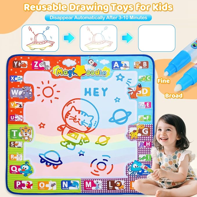 KIZZYEA Toys for 2 3 4 5 6+ Years Old Boys Girls, Water Doodle Mat for Kids, Large Coloring Painting Writing Magic Mat with Neon Colors, Educational Toys Christmas Birthday Gifts for Age 2-4, 3-5