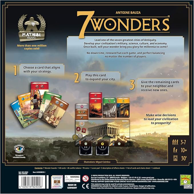 Asmodee 7 Wonders Board Game (New Edition) - Lead Your Civilization to Prosperity, Strategy Game for Kids and Adults, Ages 10+, 3-7 Players, 30 Minute Playtime | Lead your civilization through three Ages and build one of history's greatest wonders. Age...