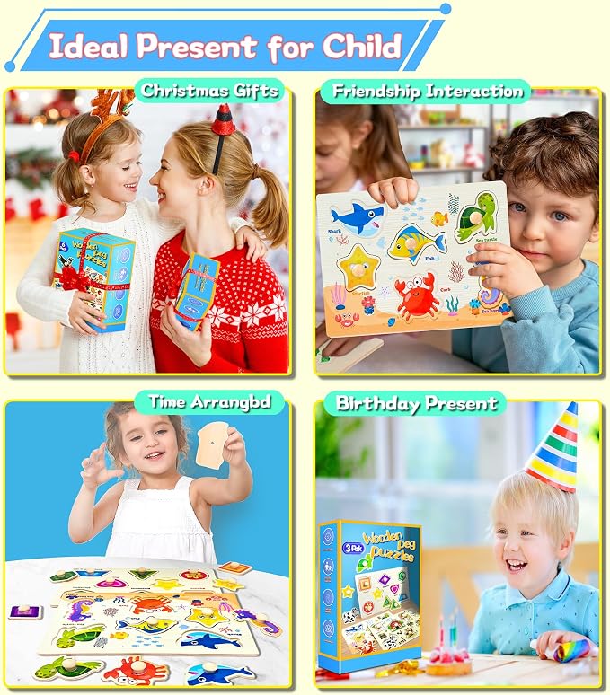 Wooden Peg Puzzles for Toddlers,Montessori Toddler Jigsaw for Child,Fine Motor Skill Learning Puzzle Toys for Baby Boys Girls Gifts-3 Pcs Shape,Farm,Sea Animal