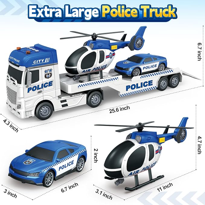 Kids Toys for 3 4 5 6 7 8 Years Old Boys, 25" Police Truck Toy with Racing Car and Helicopter, Toddler Friction Powered Truck Vehicle Toy with Lights, Sounds for Boys Girls Christmas Birthday Gifts