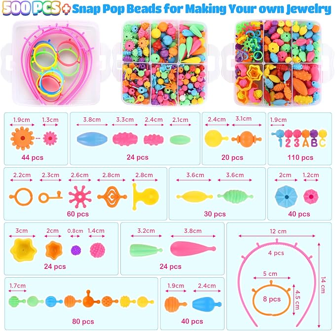 Pop Beads, 500+ Pcs Jewelry Making Kit for Girls 4-6, Colorful Snap Beads | Funtopia Arts and Crafts for Kids 3 4 5 6 7 8, DIY Bracelet Necklace Ring Set for Little Girls