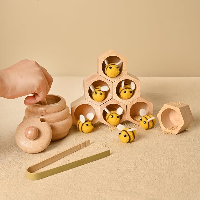 2pcs Wooden Beehive Toys with lid and Honey Stick | Sorting Stacking Toys for Toddlers Montessori Wooden Toy for Toddlers, Sensory Bin Toys for 3 4 5 Years Old