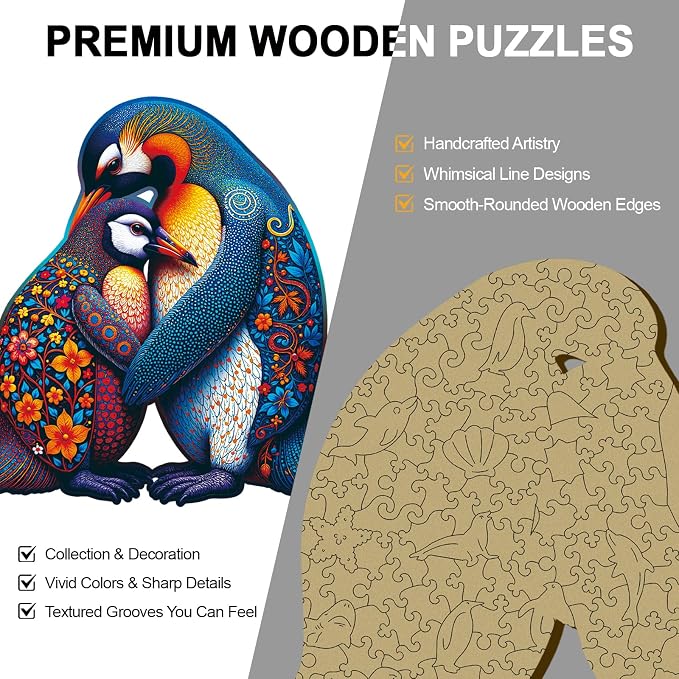 Wooden Puzzles for Adults Penguin Family Puzzle - Laser-Cut Unique Shaped Stress Relief Jigsaw Puzzle, Wall Art Home Decor Gift for Family, Christmas Thanksgiving Gifts (11.2"×10.2" 200pcs)