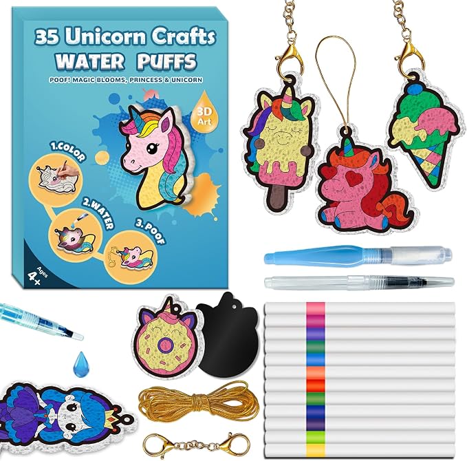 35 Unicorn Princess Puffy Craft Kit for Kids– 3D Water-Activated Paint by Number Art, DIY Keychains, Hands-On Creative Activity, Rainy Day Screen-Free Toy, Birthday Party Gift for Girls Ages 4–8