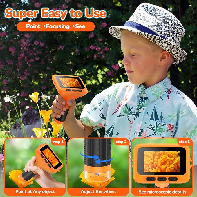 Kids Digital Microscope with 3-Inch Screen: STEM Toy Science Gift Ages 4-12 | 32GB Card, 1000X Zoom, Rechargeable, Photo/Video, Connect to PC, 8 LEDs, 6 Brightness Levels, One-Touch Capture
