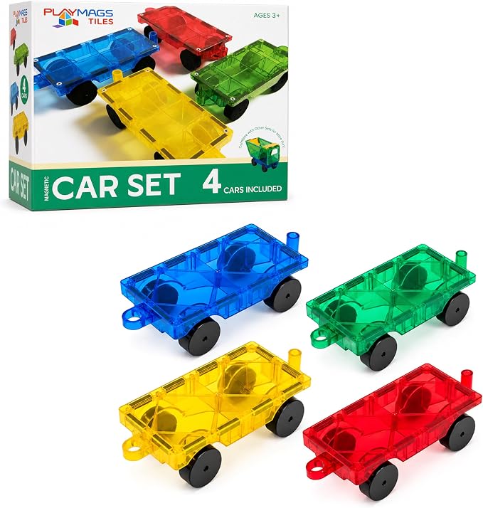 Playmags Magnetic Car Set (4 Pieces) - Strong Magnet Car Bases for Magnetic Tiles, STEM Building Toy Accessories for Kids, Compatible with Magnetic Blocks, Durable Wheels