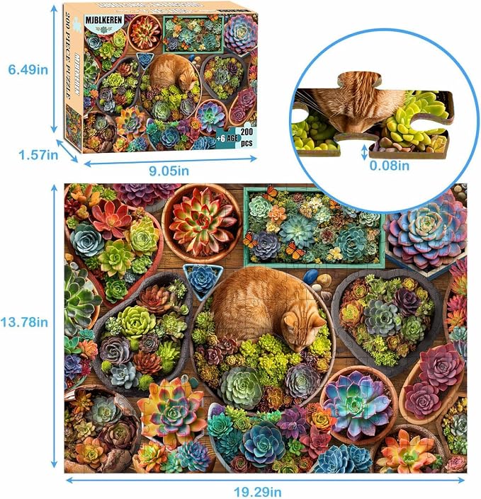 200 Pieces Jigsaw Puzzles for Kids and Adults-Succulent and Cat Puzzle | 200 Large Pieces 15" x 19" Jigsaw Puzzles,Puzzles for Kids Ages 6-12,Casual Entertainment Toys for Kids Teens Seniors