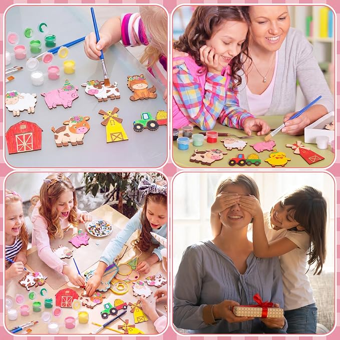 Saypacck 24 Pcs Party Favors Wooden Painting Craft Kits Birthday Party Supplies with Organza Bag for Goodie Bags Fillers Adult Thank You Gifts(Pink Farm)