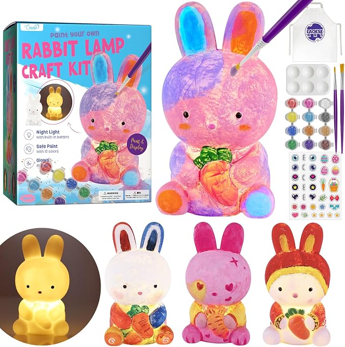 Paint Your Own Bunny Lamp Kit, Crafts for Kids Ages 6-12, Gifts for Girls | Bunny painting kit with paints and 3D night light; DIY arts and crafts activity and birthday or Easter gift for kids