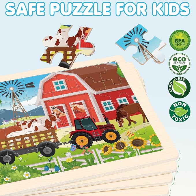 4-Pack Wooden Puzzles for Kids Ages 3-5, 24-Piece Farm Animal Set | Toddler Puzzles Ages 3-5, Preschool Puzzles with Wooden Jigsaw Boards for Fine Motor Skills, Shape Recognition and Travel