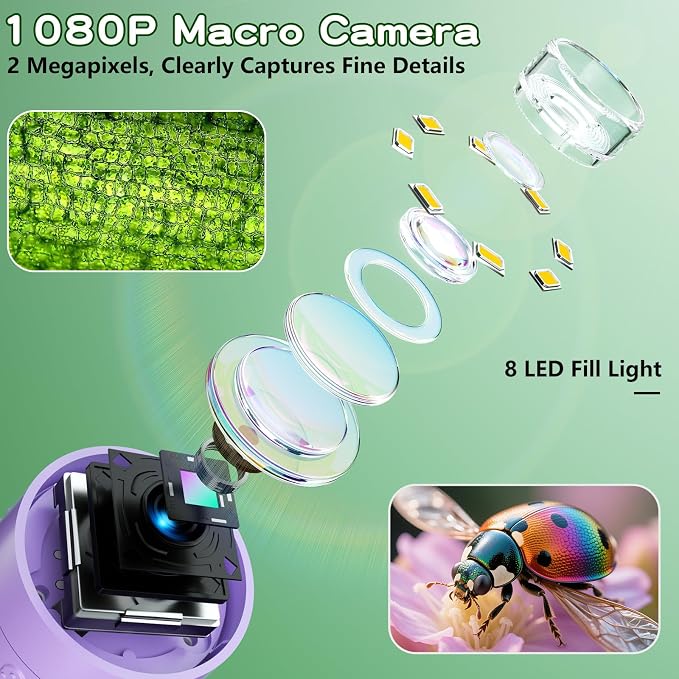 Odatay 1000X Digital Kids Microscope Kit with 12 Slides & 2" Screen, Purple | 1080P Imaging, Fit Ages 3-12, Standalone Pocket Science Edu Toys Gifts, Outdoor Backyard Bugs Exploring, Anti-drop Lanyard