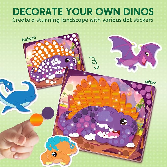 Klever Kits Dot Art Kit for Kids, No Mess Sticker for Kids 3-7, Craft Kits, DIY Creative Activity, Travel Toy, Birthday Gifts for Boys Girls (Dinosaur)