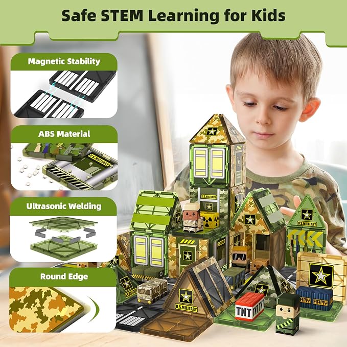 GobiDex 100PCS Magnetic Building Blocks Army Toys for Boys | STEM Military Magnetic Tiles with Army Men, Magnet Construction Toys for Kids Ages 3-5 5-7 4-8, Birthday Gifts for Boys Girls