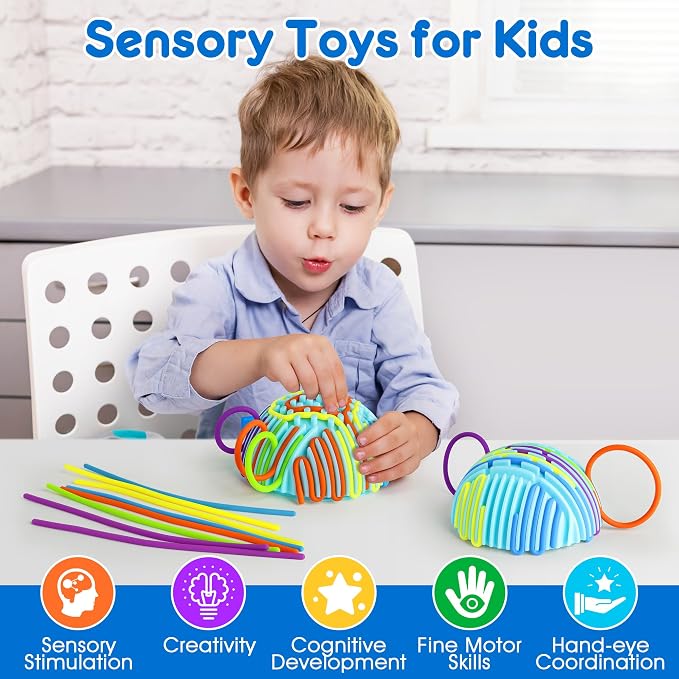 Sensory Fidget Toys for Kids, Sensory Activity Ball with 20 Strings, Sensory Toys for Autism ADHD Calming Focus Stress Relief, Travel Game Car Road Trip Airplane Activity Toys with Storage Bag