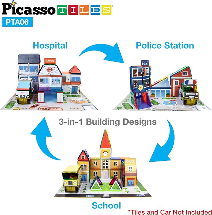 PicassoTiles 80pc School, Hospital, Police Station 3-in-1 Theme Magnet Self Adhesive Backing Stick-On Puzzle Graphic Kit and Overlay Maps for Magnetic Building Blocks STEM Learning Construction Toy