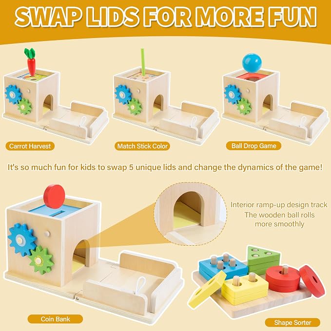 Kizfarm 8-in-1 Wooden Educational Play Kit, Montessori Toys for 1 Year Old | One Year Old Birthday Gifts, Object Permanent Box, Coin Box, Carrot Harvest, Shape Sorting & Stacking, Fine Motor Skills