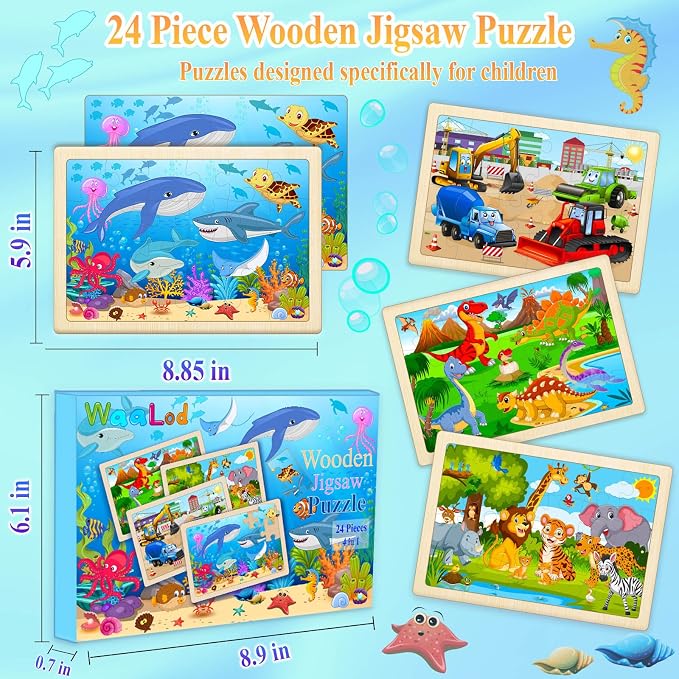 Wooden Puzzles for Kids Ages 4-6, 4 Pack 24 Pcs Toddler Puzzles Set for Ages 3-5, Educational Learning Toys Gift for Boys Girls 3 4 5 6 Year Old, Dinosaur Animal Ocean Vehicle