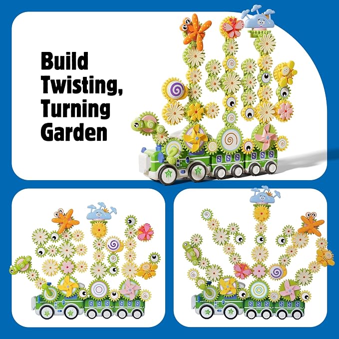 4 in 1 STEM Gear Toys for Kids Ages 3+, Educational Building Blocks, 87Pcs | Flower Construction Kits, Musical Electric Train Sets, Toddler Learning Toys with Light, Boys and Girls Gifts