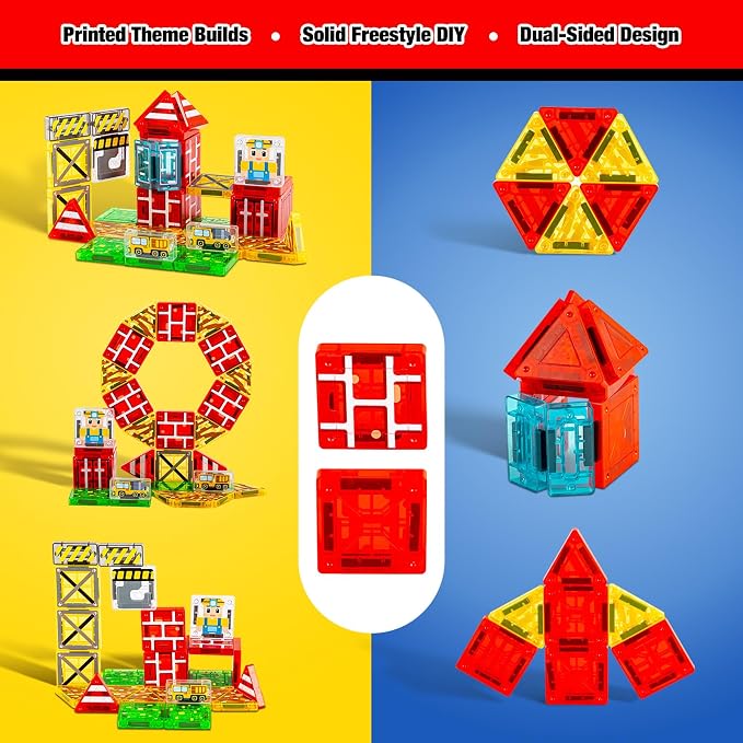 42PCS Mini Magnetic Tiles Toddler Travel Toys for Boys 3-5 Year Old Gifts | Construction Theme, Portable Metal Case, Kids Travel Essentials for Airplane, Car & Road Trip, STEM Preschool Learning Toys