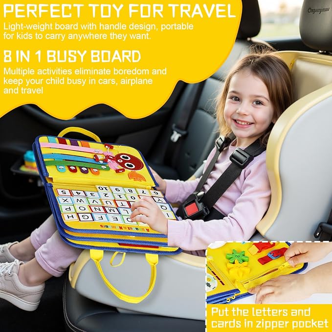 Esjay Busy Board Montessori Toys for Boys Girls, Sensory Book Educational Activities for Learning Fine Motor Skills, Birthday Gifts, Travel Toys for Airplane Car,Yellow Multipages