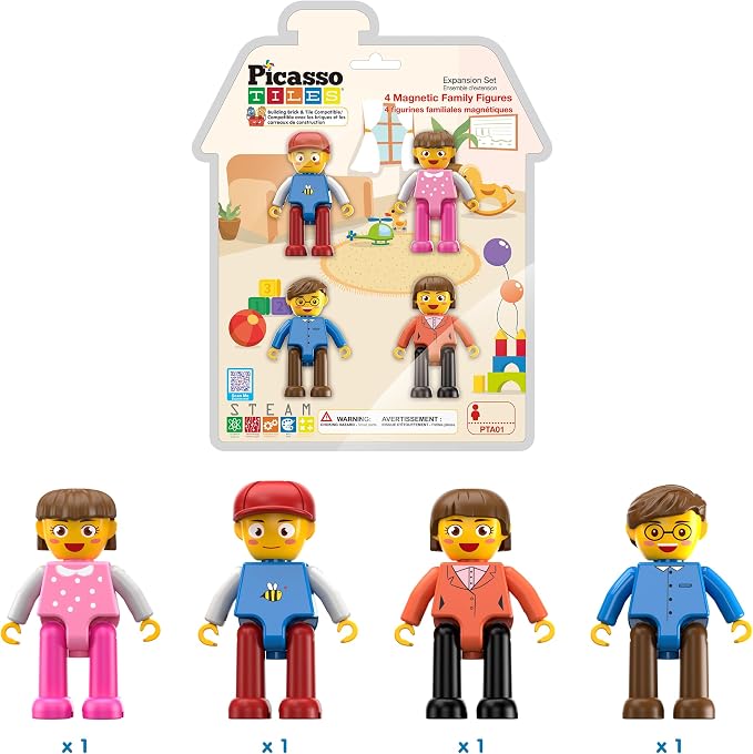 PicassoTiles 4pcs Magnetic Family Action Figures Toddler Magnet Toy Expansion Pack Educational Add-on STEM Learning Kit Toys Pretend Playset for Construction Building Block Tile for Kids Age 3+ PTA01