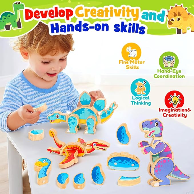 Dinosaur Toys for Kids 3-5,Wooden Magnetic Dino Take Apart Building Blocks Toys for Fine Motor Skills & Creative Play,Easter Basket Stuffers Gifts for Boys Girls