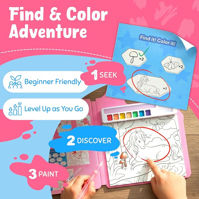 JoyCat Find & Color Paint with Water Coloring Books for Toddlers | Seek and Find Learning Activity, Magical Pony No Mess Arts & Crafts Kids Toys Ages 3-5 & 4-8, Birthday Gifts for Boys & Girls