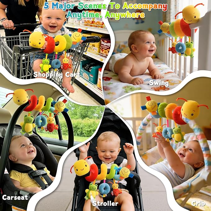 Spiral Car Seat Toys for Babies 0-12 Months | Baby Sensory Soft Plush Hanging Toys, Stroller Crib Accessories, Essentials for Expecting Moms, Baby Shower Registry Gift