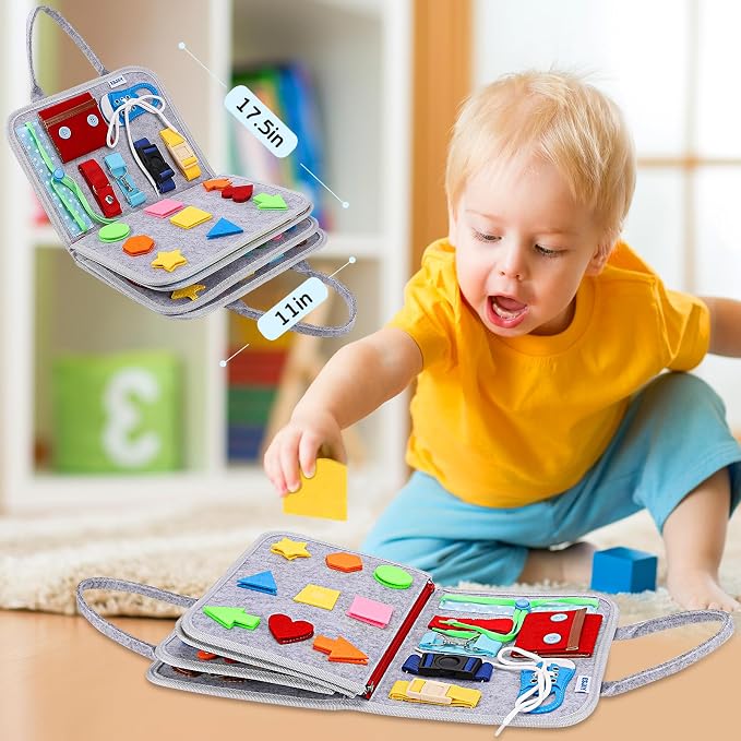 Esjay Busy Board Montessori Toys for Boys Girls, Sensory Book Educational Activities for Learning Fine Motor Skills, Birthday Gifts, Travel Toys for Airplane Car,Grey Multipages