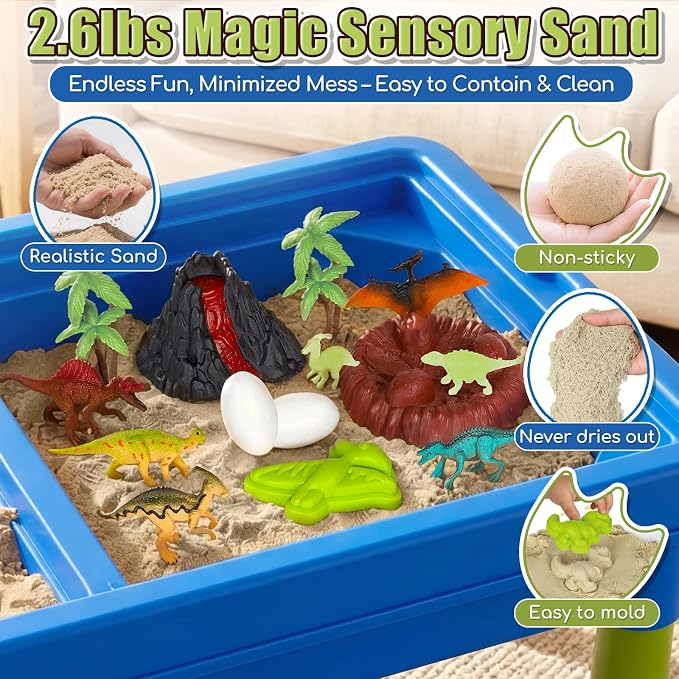 Lehoo Castle Sensory Table with Sand, Sand Table with Lid & 16 Dinosaurs | Sensory Bin with Adjustable Legs, 2.6Lbs Play Sand, Indoor Outdoor Play Sensory Toys, Beach Toy, Birthday Gift for Boys Girls