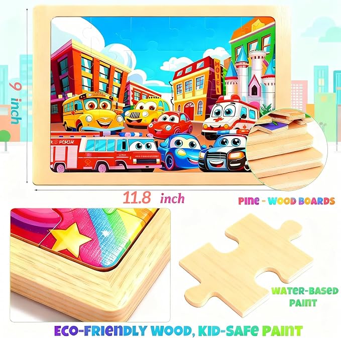 Wooden Puzzles for Kids, Jigsaw Puzzles, Vehicle Theme Educational Gifts | 100% Wooden