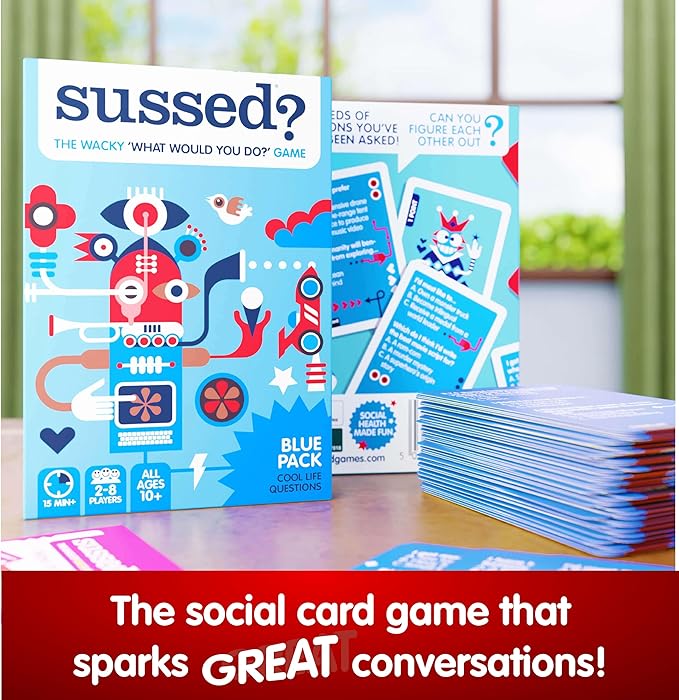 SUSSED The Wacky ‘What Would You Do?’ Social Card Game - Easy Fun for Teens, Boys, Girls, Tweens - Travel Size Game for Road Trips - Kids Ages 10+ & Adults - Cool Blue Deck