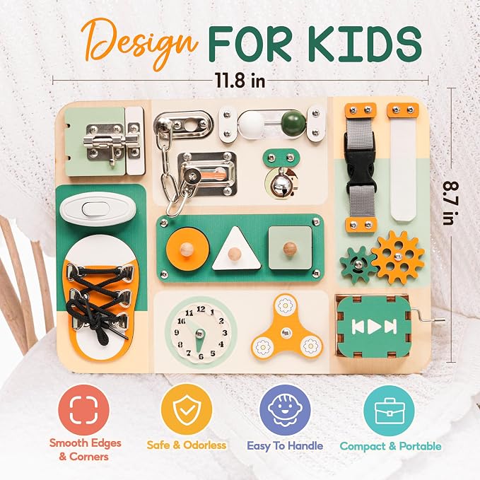 Montessori Busy Board for Baby & Toddlers 1-3 | Wooden Sensory Activity Board with 13 Activities, Real Metal Locks & Latches | Fine Motor Skills Educational Toy for 1 2 3 Year Old