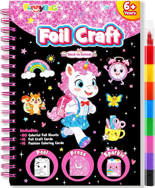 FUNNYB&G Foil Art Craft Kit for Kids, Sparkly Birthday Gift Toy for Girls | No Mess, Kids Ages 4-10 Create Sparkling Artwork, A Creative Gift for Birthdays, Holidays, Travel Activities,Screen-Free Fun