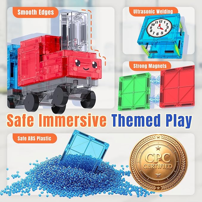 SKTMYY Train Toy Magnetic Tiles for Kids Ages 4-8 with Train Station Tracks | Magnet Building Blocks with Cars Signal Preschool Classroom STEM Montessori Toys Birthday Gifts for Boys Girls Toddler 3-5