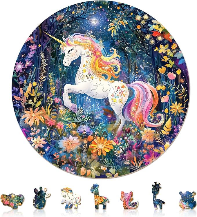 Rainbow Wooden Puzzles for Kids - Unicorn | 50 Piece Puzzles for Kids Ages 6-8, Kids Puzzles with Unique Animal Shapes, Round Gift for Girls and Boys (11.4 * 11.4 in)