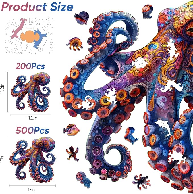 Mys Aurora Octopus Puzzles for Adults, 5MM Thick Jigsaw Puzzles 200 Pieces | Unique Shape Puzzle Ocean Wood Puzzles for Adults and Kids Birthday Gifts Family Game 11.2 * 11.2inch