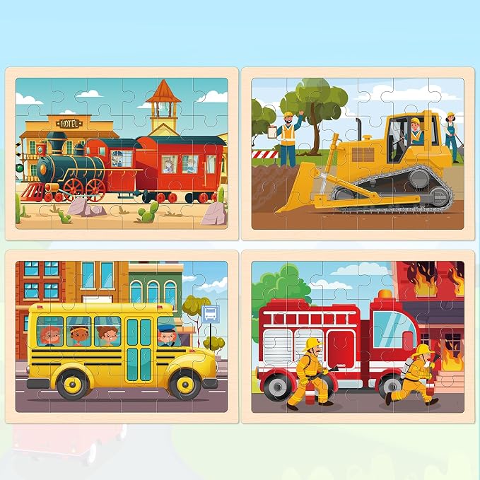 4-Pack Wooden Puzzles for Kids Ages 3-5, 24-Piece Construction Vehicle Set | Toddler Puzzles Ages 3-5, Preschool Puzzles with Wooden Jigsaw Boards for Fine Motor Skills, Shape Recognition and Travel