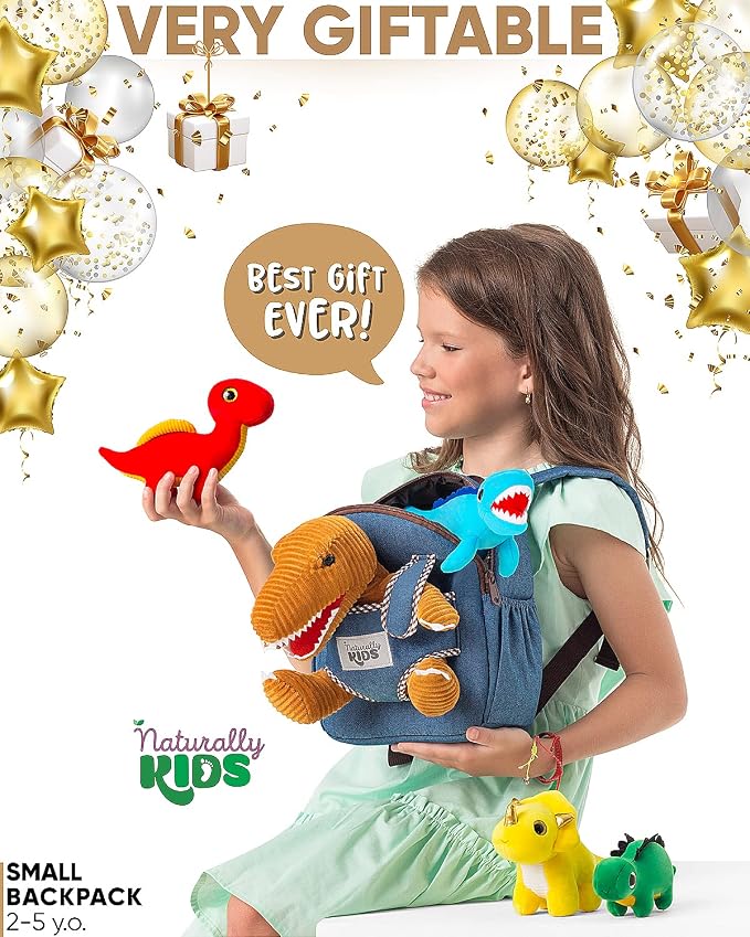 Naturally KIDS Toddler Dinosaur Backpack w Plush Dinosaur Toys for Kids 2-5 | Dinosaur Gifts for Kids 3-5 in Gift-Ready Box, Birthday Gifts for 2 3 4 5 Year Old Boys, Girls