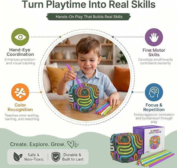 Sensory Activity Board Cube Fidget Toys for Kids & Adults - Zero Noise Silicone Quiet Toddler Travel Toys for Car Rides & Airplane - Autism ADHD Calming Toy Gift Stuffers with 15 Strings