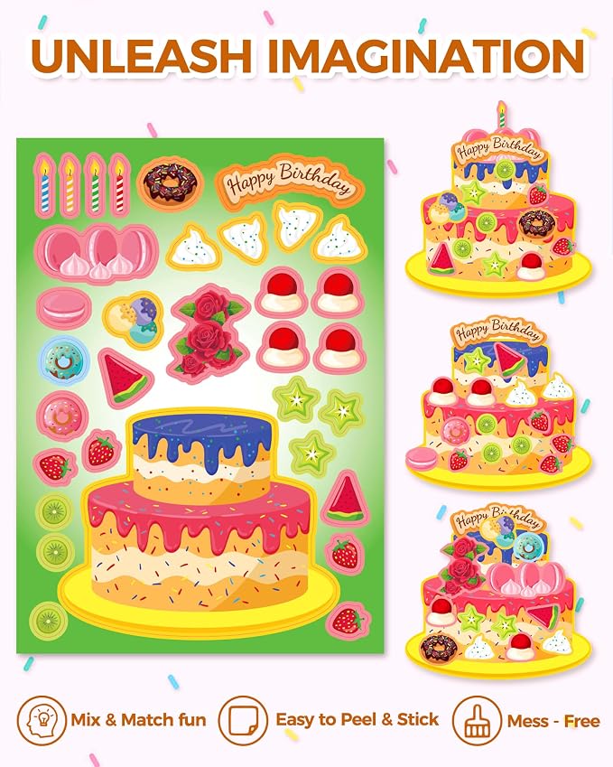 32 Sheets Birthday Cake Stickers for Kids | Make Your Own Stickers, Birthday Party Favors, Kids Craft Activities, Goodie Bag Stuffers