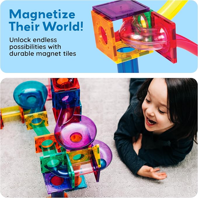 PicassoTiles 70 Piece Marble Run Magnetic Tiles Race Track STEM Ages 3+ | 8 quarter-round turns, 10 long slides, 4 U-turns, 2 funnels & 2 slopes, 4 weighted balls, BPA-free, fine motor & spatial play