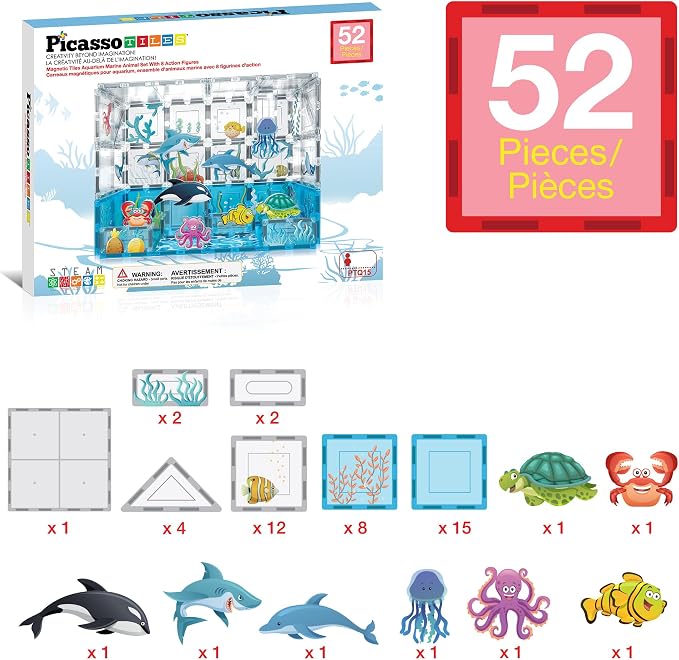 PicassoTiles 52 PCS Magnetic Tiles Ocean Animal STEM Set 8 Figures Ages 3+ | 44 blocks, 22 aquatic prints, BPA-free & non-toxic plastic, strong hold, roleplay, sensory discovery, motor skills