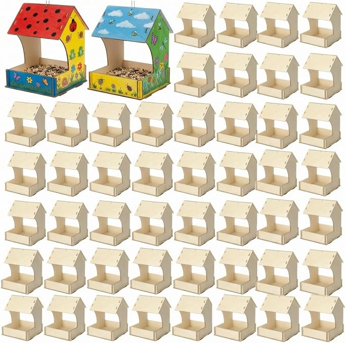 DoubleFill 60 Pack Bird Feeder Kits Bulk Wooden DIY Birdhouse Kits Unfinished Bird Feeder Birdhouse to Paint Wood Craft for Educational Fun Art Outdoor Activities Gifts