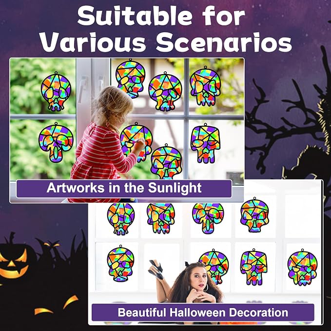Lonfliness 32 Sets Sugar Skull Suncatchers Crafts Kit DIY Day of The Dead Window Stained Glass Effect Paper Halloween Dia de Los Muertos Easter Art Craft Creative Activity Project Gift Favor